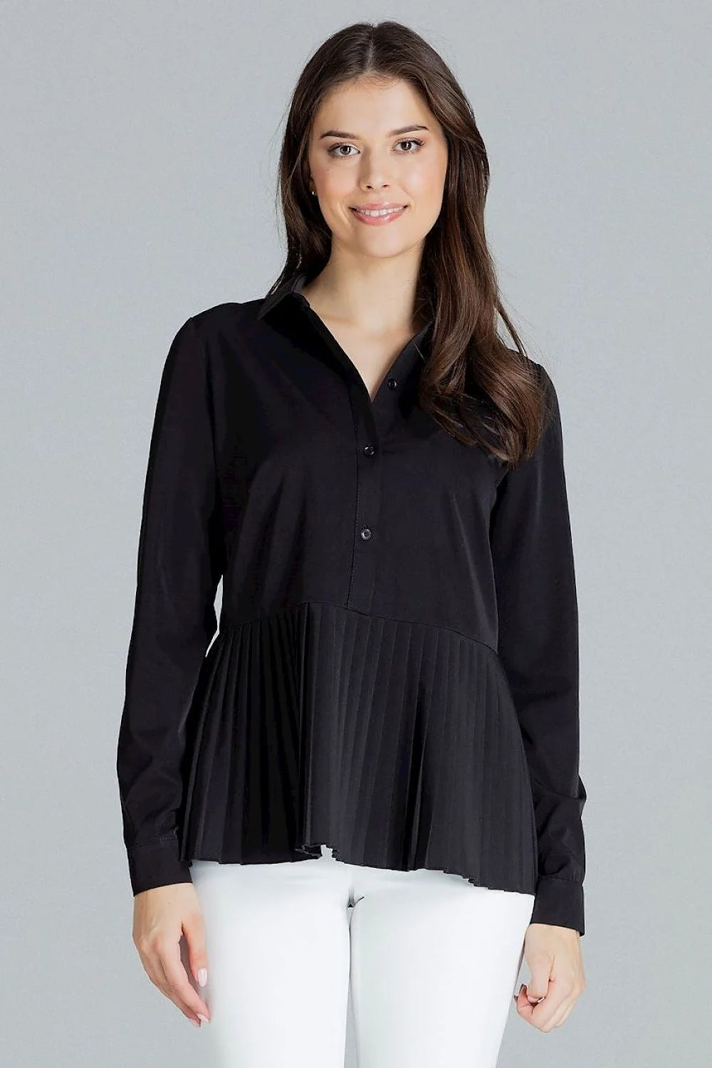 Chemisier noir en polyester élégant manches longues plissé ajusté pour femme moderne et chic