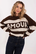 pull femme oversize coupe boxy épaules tombantes grosse maille rayée marron crème duveteuse jacquard AMOUR col rond manches longues confortable