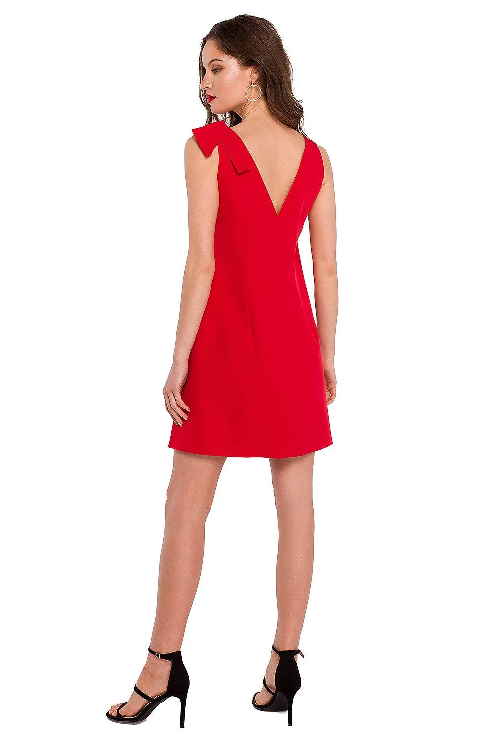 Robe rouge polyester élégante sans manches col V chic moderne avec nœud épaule femme