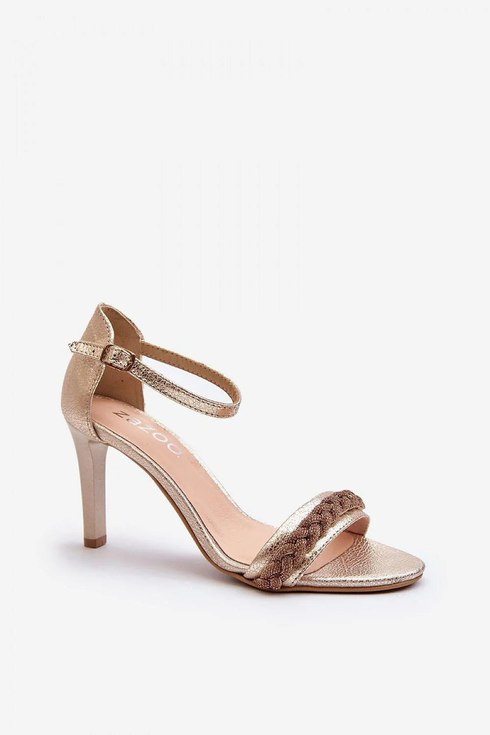 sandales talon effilé haut doré métallisé cuir bride cheville réglable boucle tressée bande avant bout ouvert cérémonie soirée élégantes femme