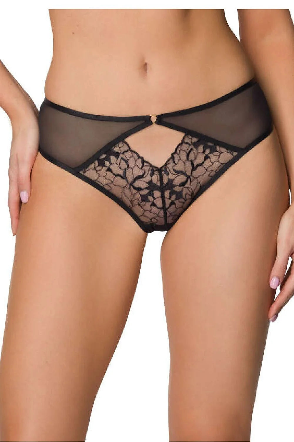 Culotte féminine élégante dentelle noire transparente floral motifs corsage métallique