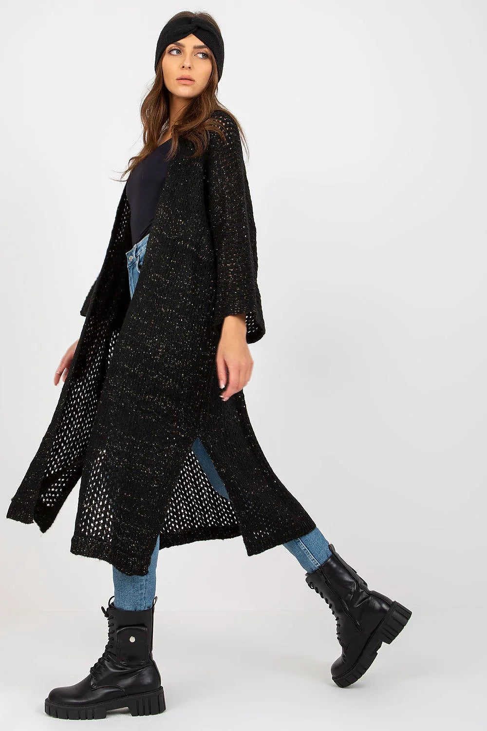 Cardigan long pour femme en tricot ajouré style bohème matières mixtes acrylique polyamide viscose laine