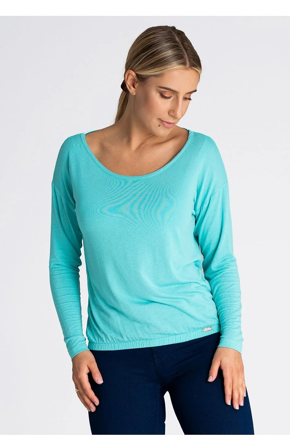 Chemisier femme en viscose couleur turquoise longues manches ample élastique bas ourlet logo occasion quotidienne mode moderne