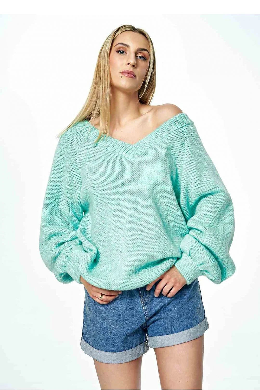 Pull-over femme style moderne ample col V profond manches longues vert menthe acrylique nylon polyester laine taille universelle