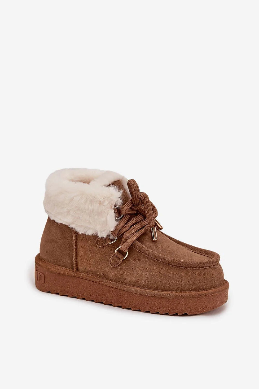 bottines femme hiver suède cognac doublure fourrure crème col retourné lacets cordon oeillets métal plateforme crantée caoutchouc antidérapante chaude confortable