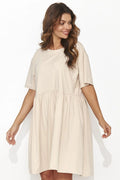 robe jour décontractée élégante manches courtes encolure ronde beige clair tshirt babydoll jersey léger oversize taille froncée