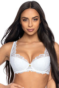 soutien gorge rembourré dentelle fleurs romantique confort balconnet armatures bonnet demi coque blanc bretelles larges pendentif doré doublure coton extensible