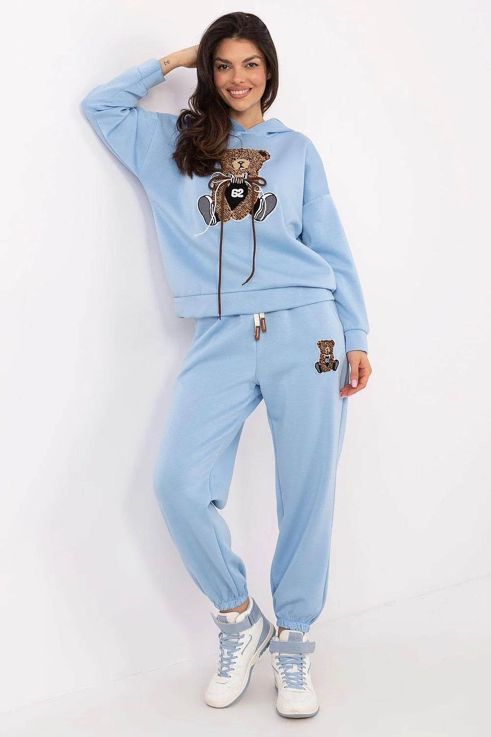 Ensemble de survêtement femme Italy Moda sweat à capuche pantalon bleu clair ours motif léopard confortable mode casual