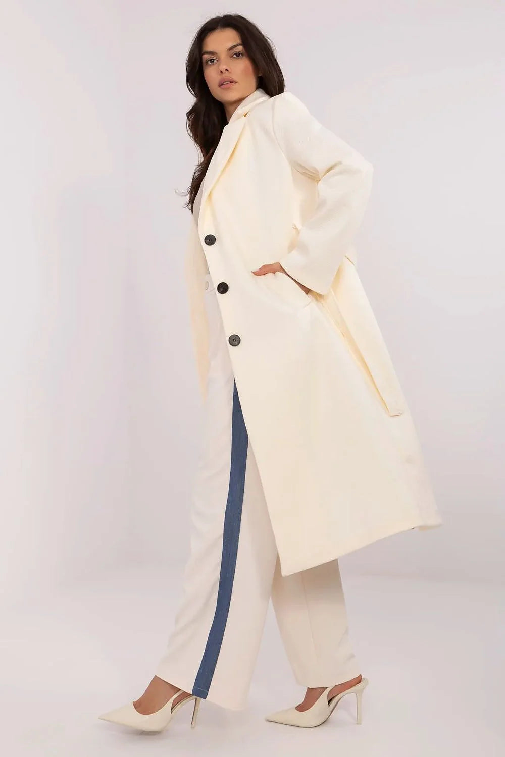 Manteau élégant pour femme longueur genoux rayures fines en polyester élasthanne fermeture boutons manches longues
