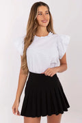 chemisier pois blancs coton léger col rond volants délicats manches papillon élégant féminin jupe plissée noire courte taille cintrée rigide