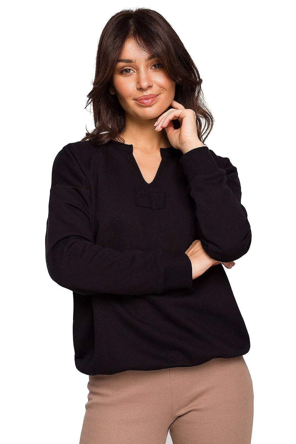 Sweatshirt femme coton coupe ample rose col V manches longues confortable style décontracté élégant