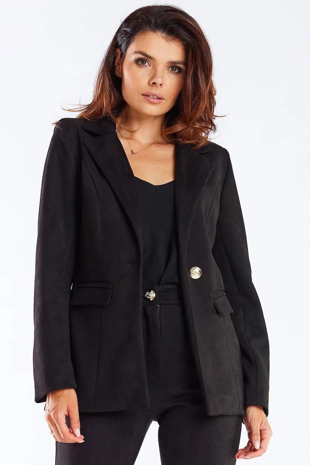Blazer femme élégant coupe structurée style classique bouton doré col châle polyester élasthanne taille ajustable veste professionnelle