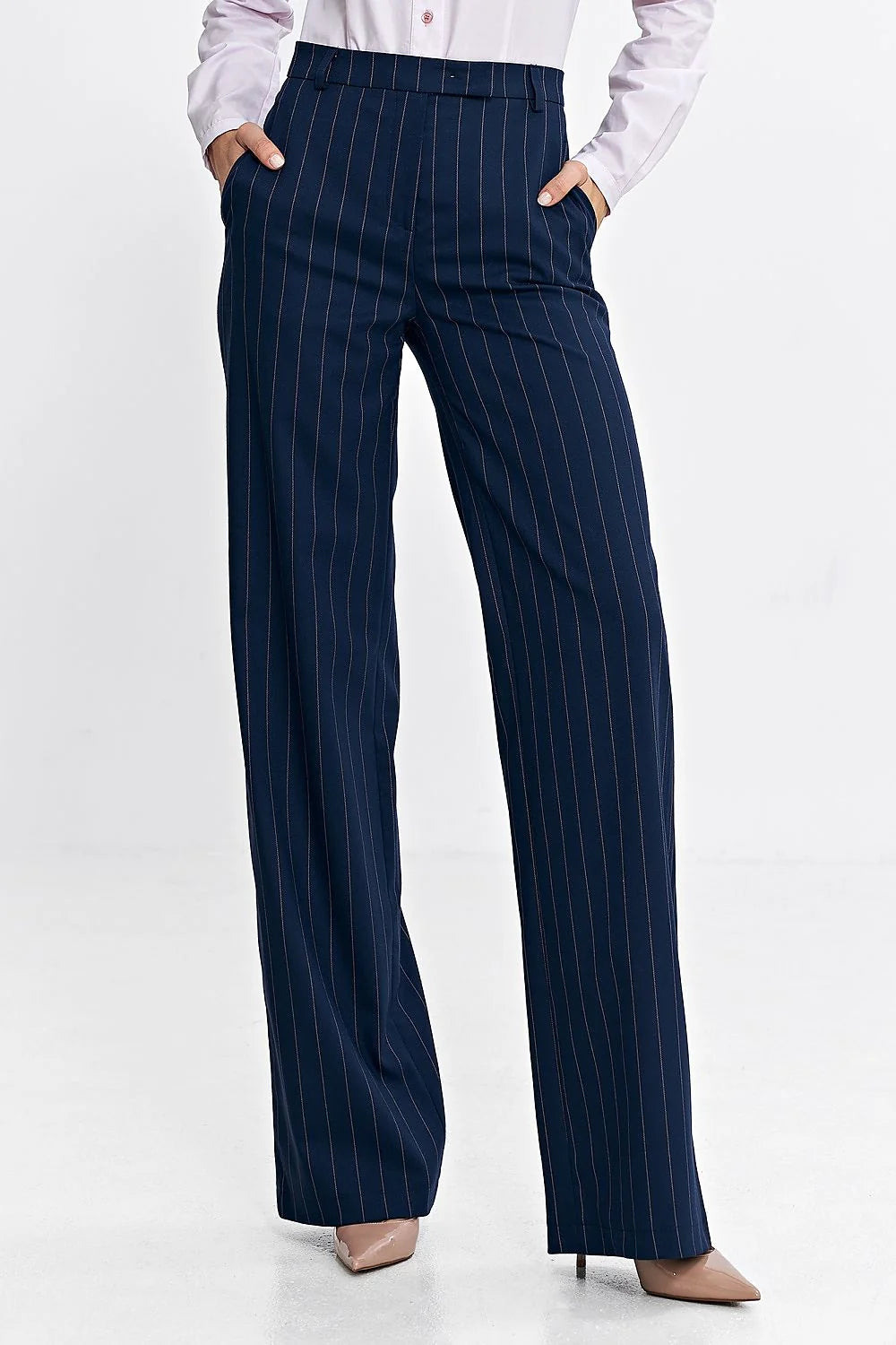 Pantalon long Nife élégant pinstripe femme taille haute coupe ajustée polyvalent