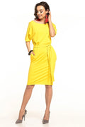 Robe Tessita midi ceinturée jaune vif coupe droite fourreau buste ample manches kimono jersey stretch fluide poches invisibles encolure bateau