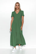 Robe de jour Makadamia style boho-chic couleur verte longue manches courtes encolure en V taille empire femme