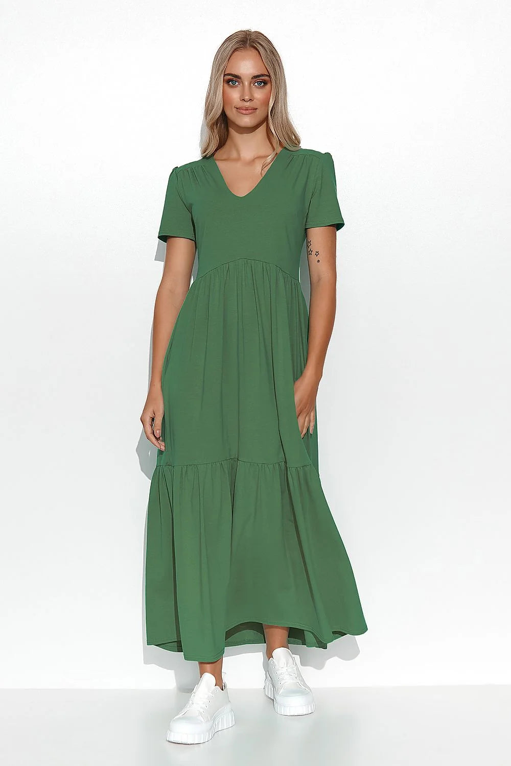 Robe de jour Makadamia style boho-chic couleur verte longue manches courtes encolure en V taille empire femme