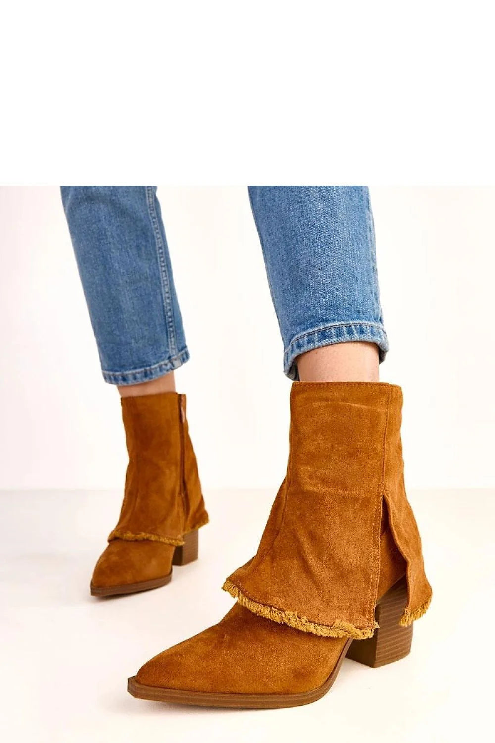 bottines femme suédé cognac écologique chevillière fendue frangée superposée bout pointu talon 9cm empilé zippée semelle robuste confort