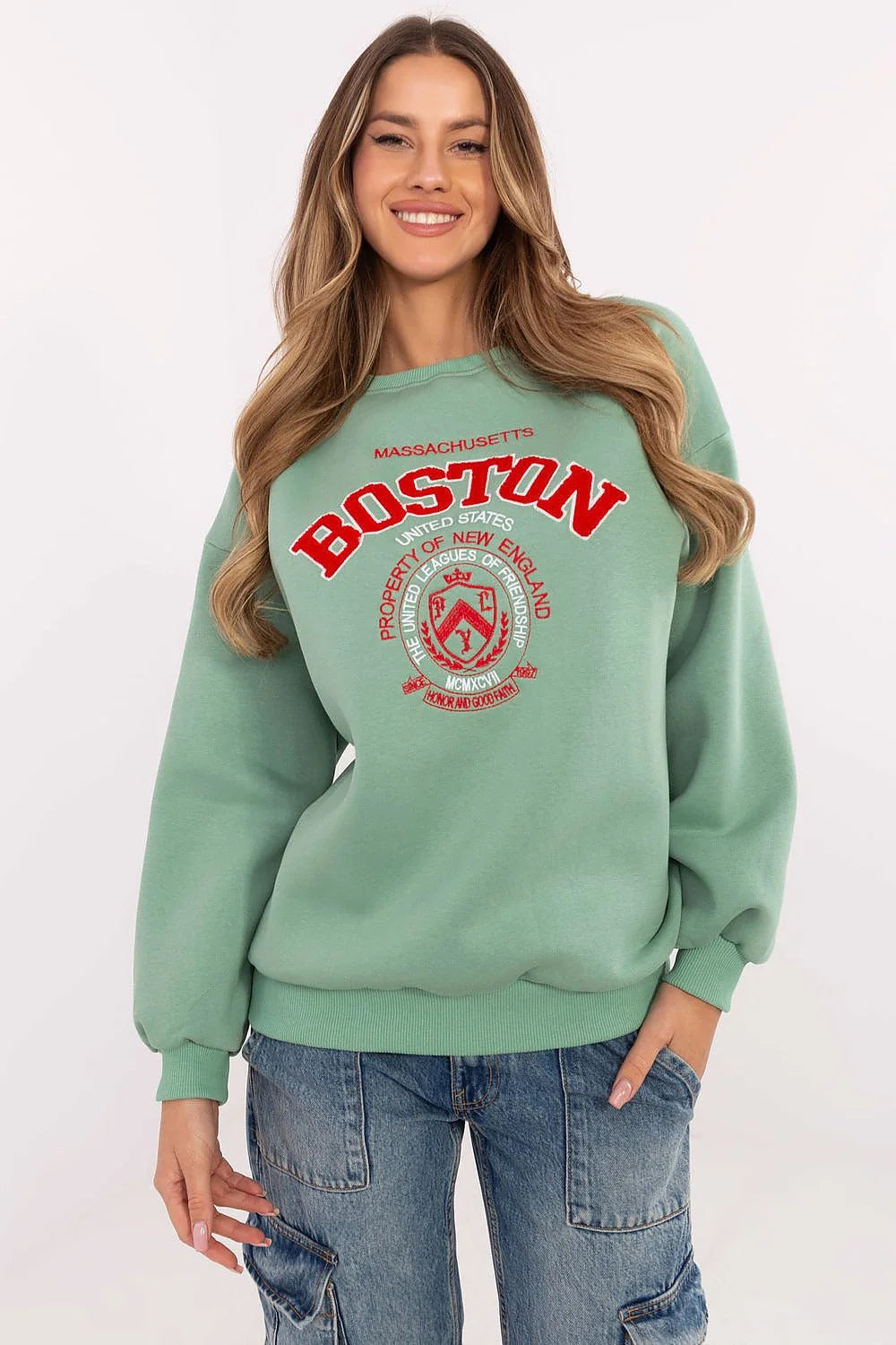 Sweatshirt femme style décontracté vert pastel imprimé Boston manches longues col rond