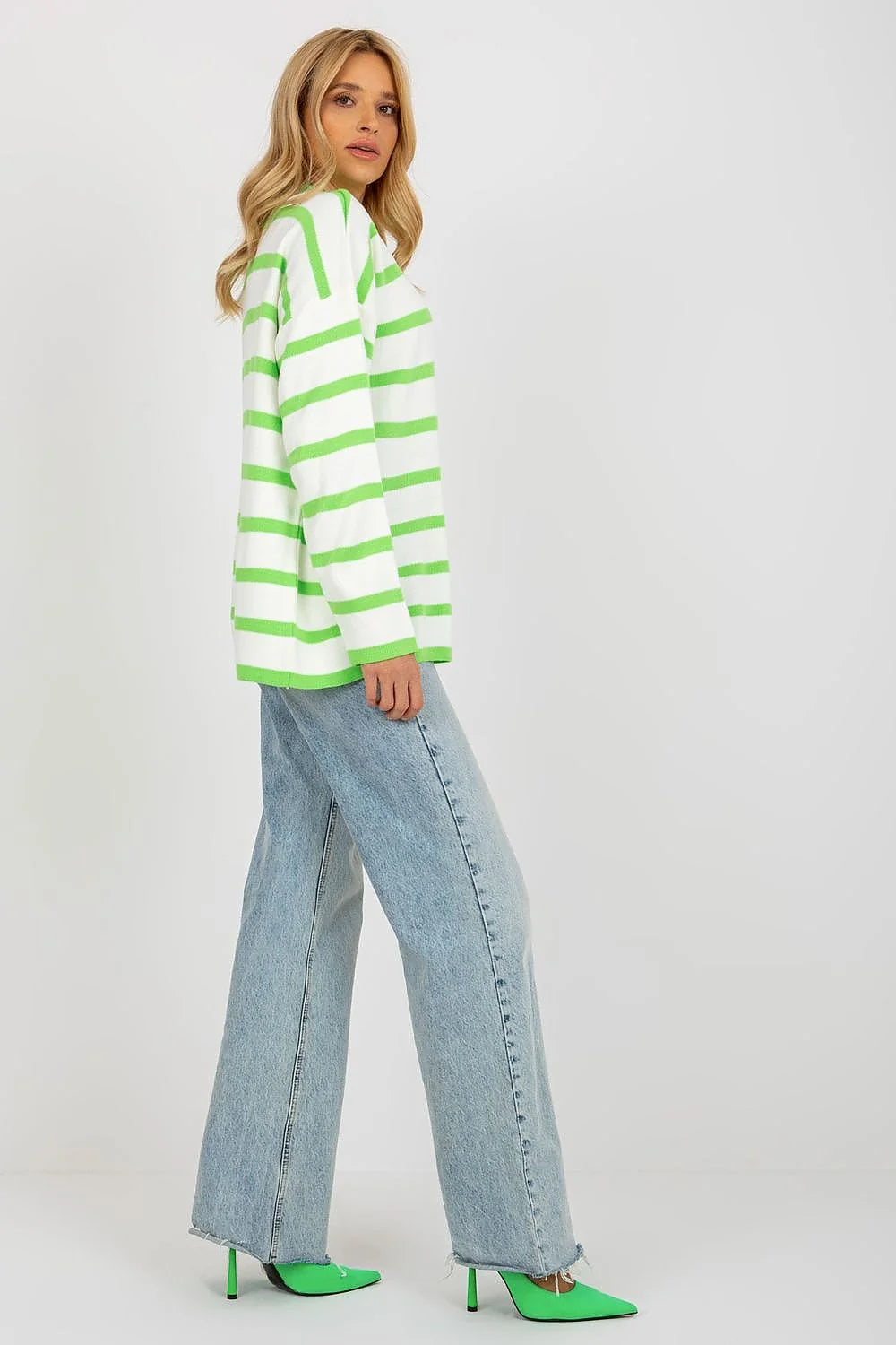 Pull ample femme Rue Paris manches longues col rond style casual épuré vert blanc