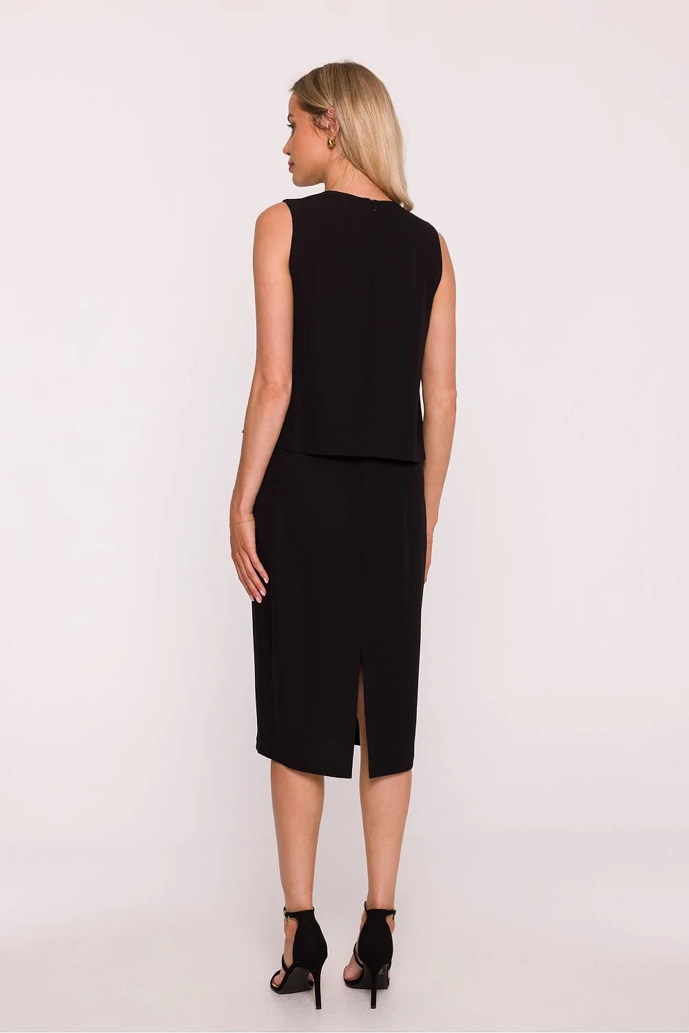 robe crayon noire midi sans manches top double couche drapé décolleté V dentelle délicate ajustée fente dos fermeture éclair cachée