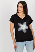 T-shirt femme noir en coton élasthanne motif fleur blanche encolure V manches courtes coupe ample