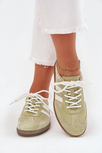 Chaussures de sport féminines élégantes en daim et cuir, tige basse, couleur olive, sneakers classiques, confort tout le jour, femmes