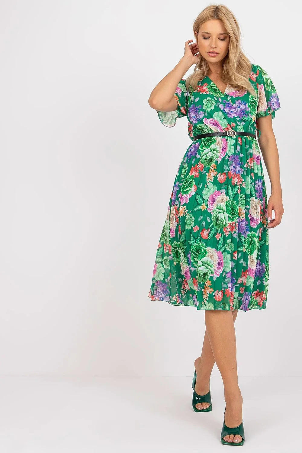 Robe d'été Italy Moda floral midi manches courtes V-neck évasée ceinture noire vert multicolore polyester viscose elasthanne femme printemps été