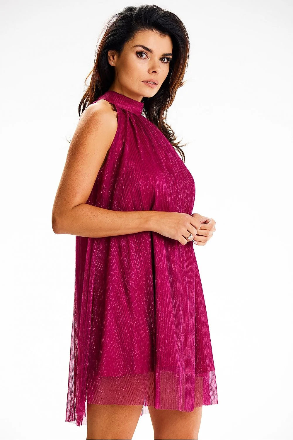 robe soirée courte col montant maille brillante satinée doublure satin plissée fuchsia lurex irisée trapèze évasée légère fluide femme