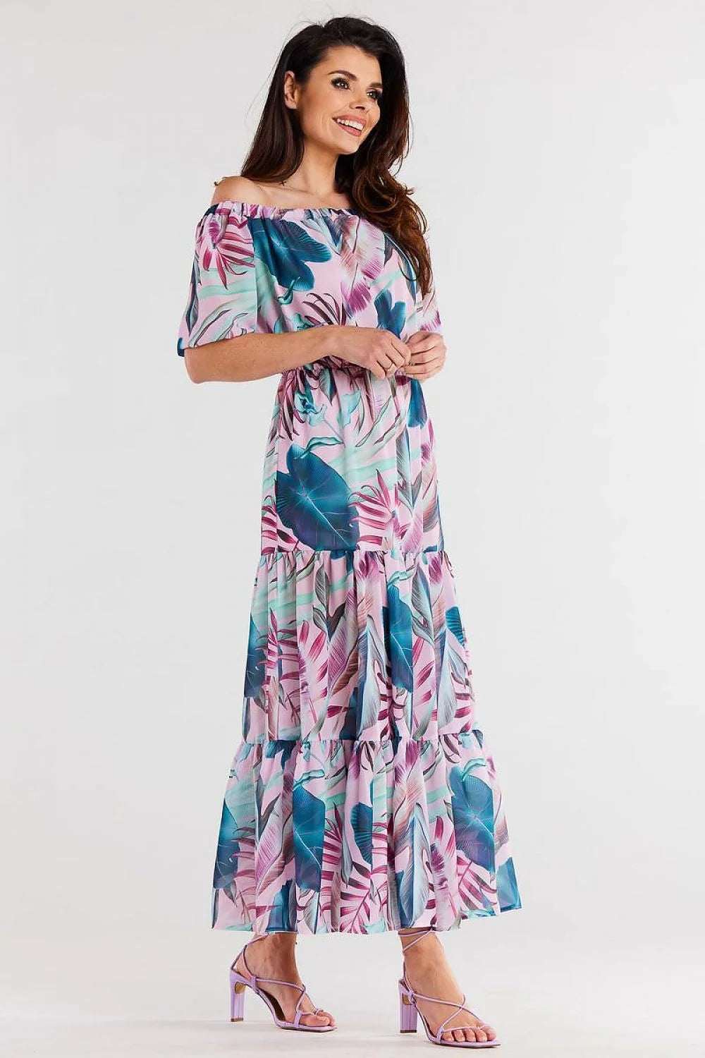 robe longue estivale offshoulder épaulesdénudées manchescourtes polyester fluide légère voile imprimé tropical feuilles pastel rose turquoise bleucanard volants tiers