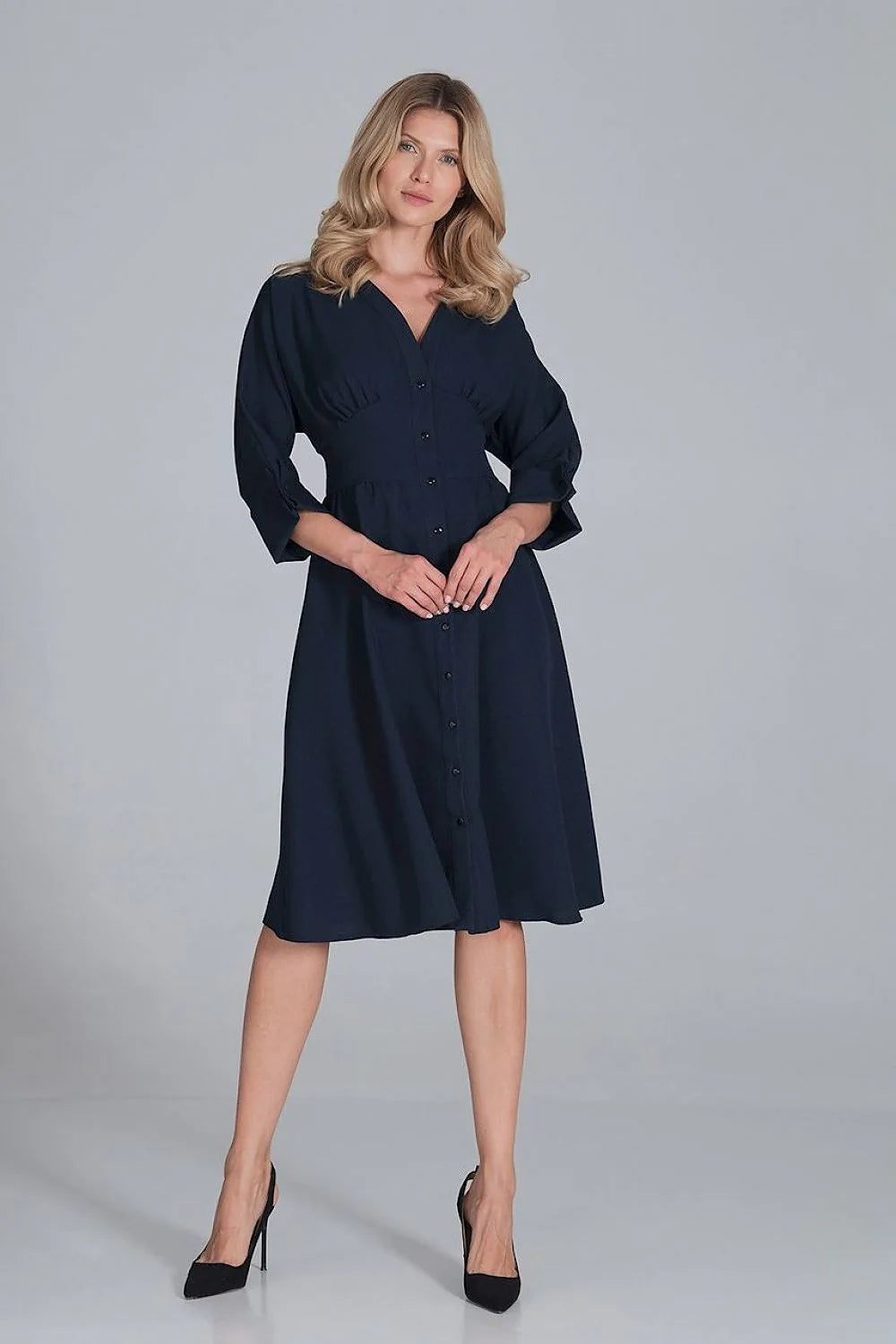 Robe midi polyester élégante rose vive manches trois-quarts boutons col V femme mode chic