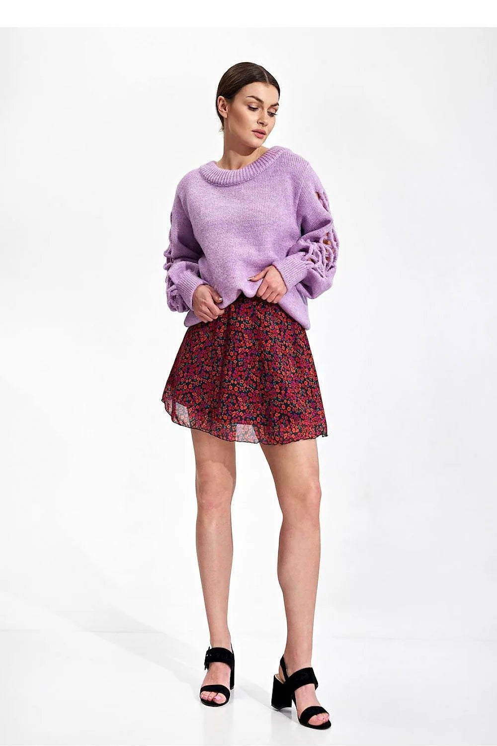 Set Mode Femme Cardigan Tricot Rose Débardeur Blanc Jupe Évasée Imprimée Floral Coupe Décontractée Matière Douce