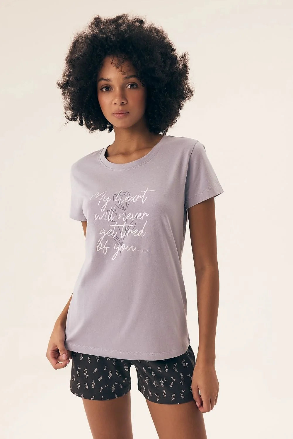 Pyjama femme confortable coton motif cœur lavage doux coupe ample manches courtes short élastique