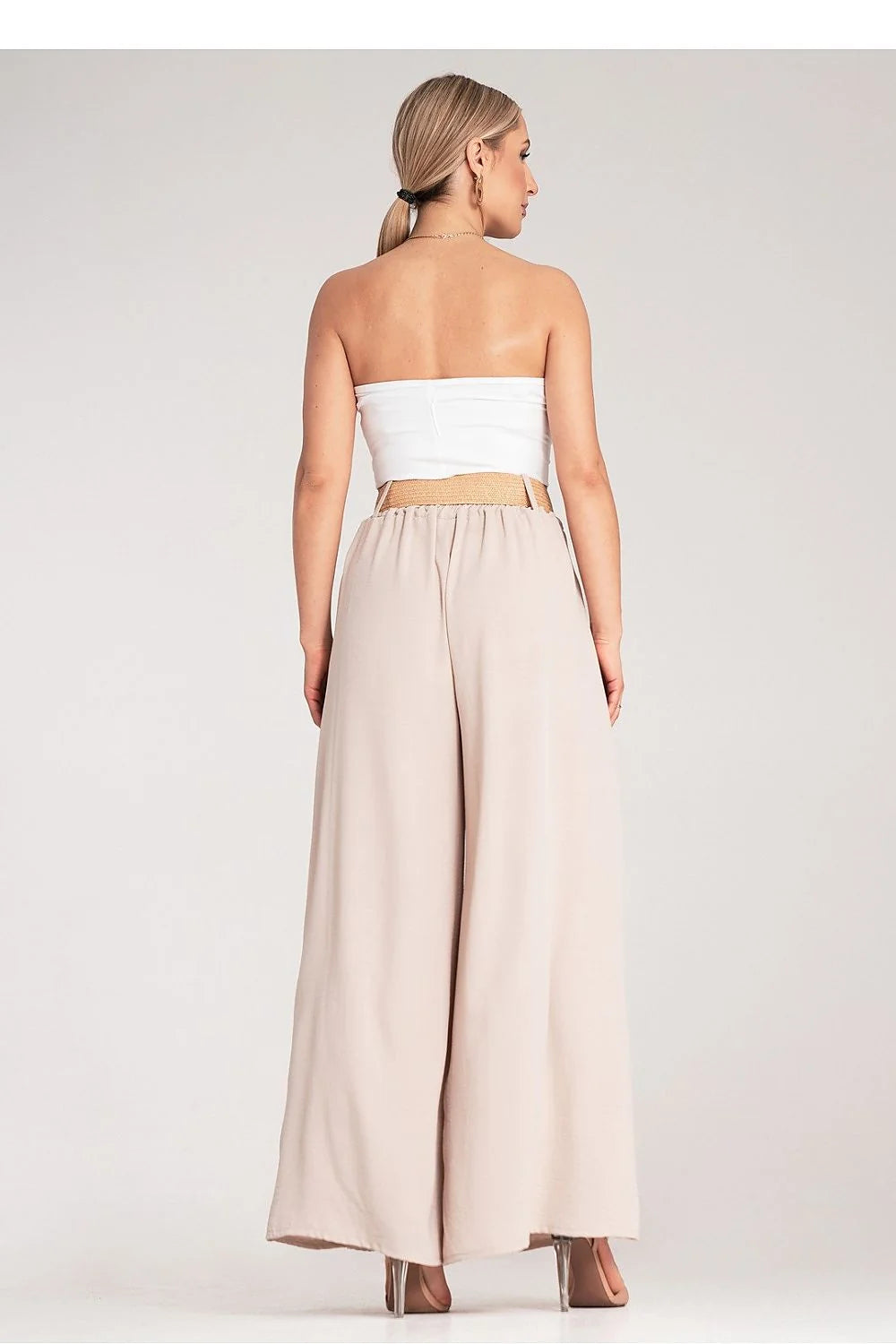 Pantalon femme Figl large taille haute ceinture tressée polyester 100% élégance moderne style casual occasion semi-formelle
