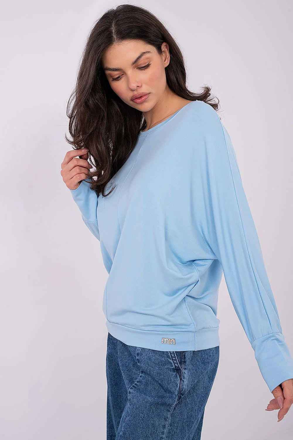 chemisier femme bleu ciel oversized jersey doux modal élasthanne manches longues dolman encolure ronde fluide ample minimaliste patch