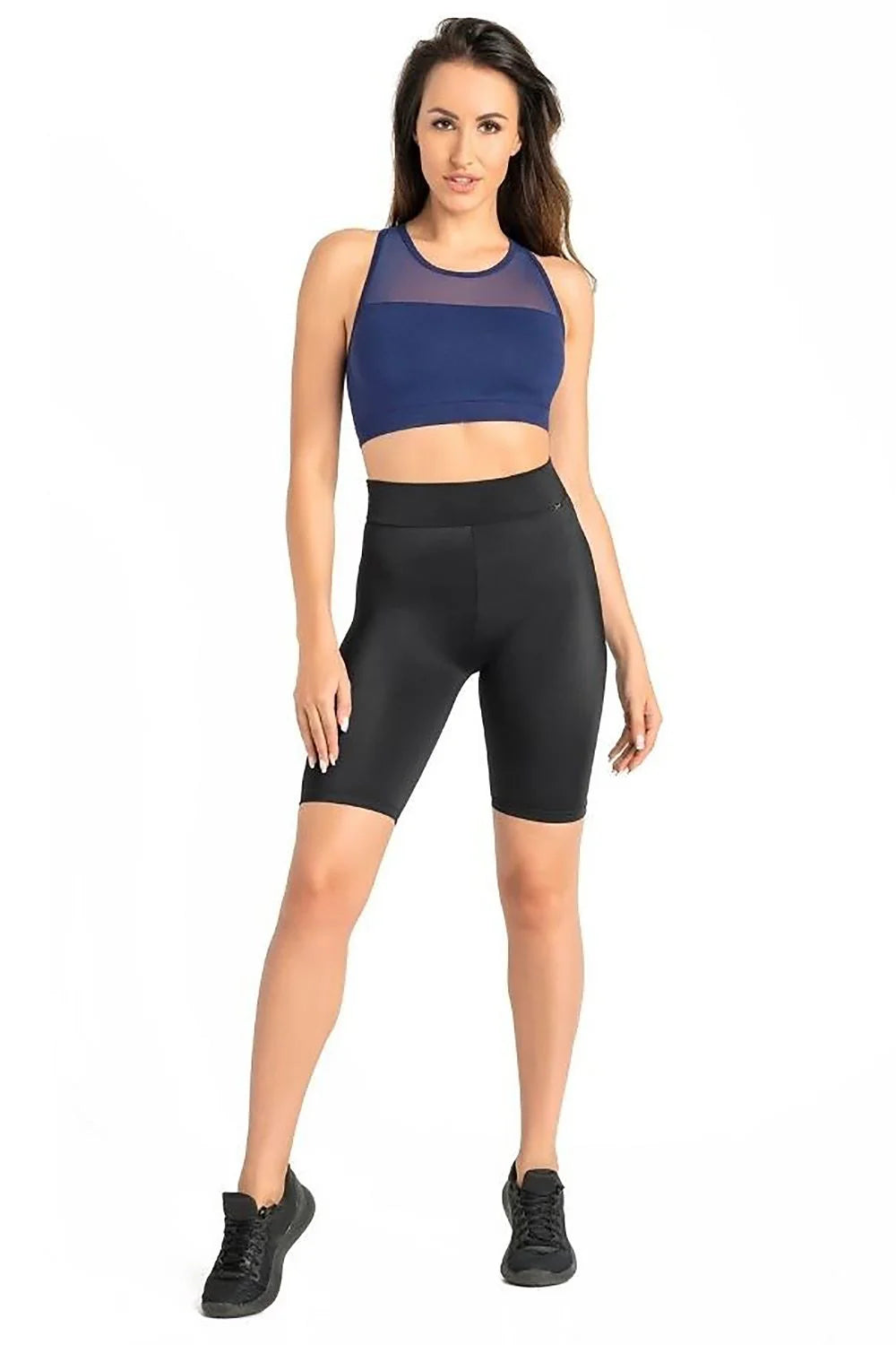 Ensemble sportswear femme brassière short polyester élasthanne tailleur high waist sport yoga fitness noir bleu marine moderne confort