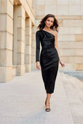 Robe de soirée élégante longueur midi manche longue unique en satin noir coupe ajustée pour femme
