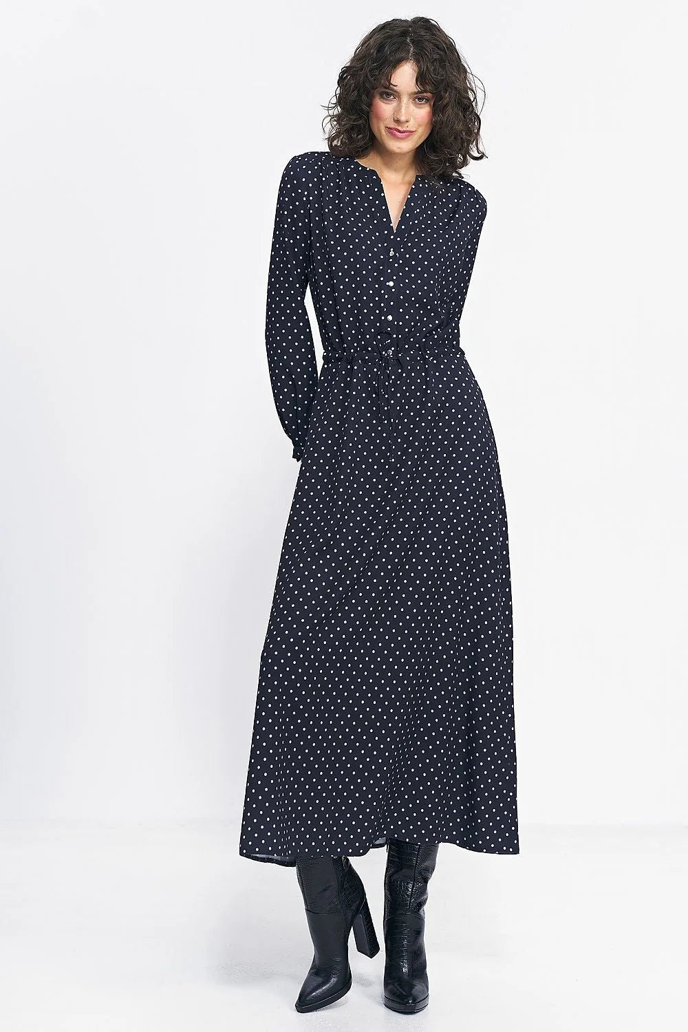 Robe longue élégante style classique pois blanc sur noir manches longues coupe fluide taille ajustable femme