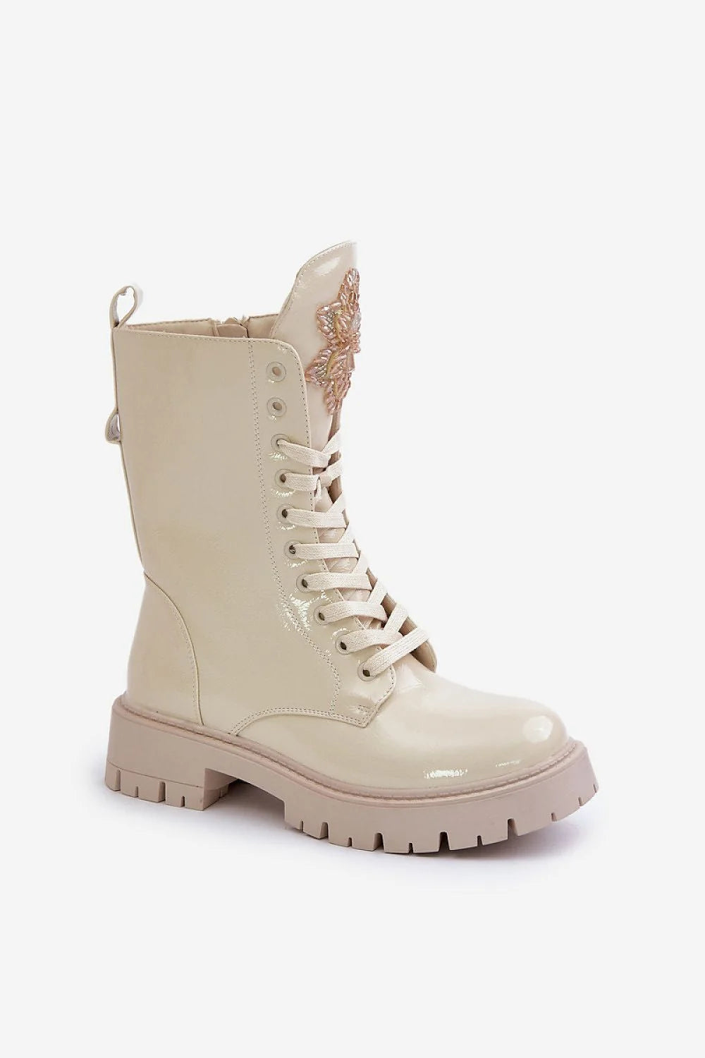bottines femme mi mollet similicuir verni ivoire lacets zippée latérale fourrure doublée semelle crantée antidérapante confort chaleur urbaine contemporaine