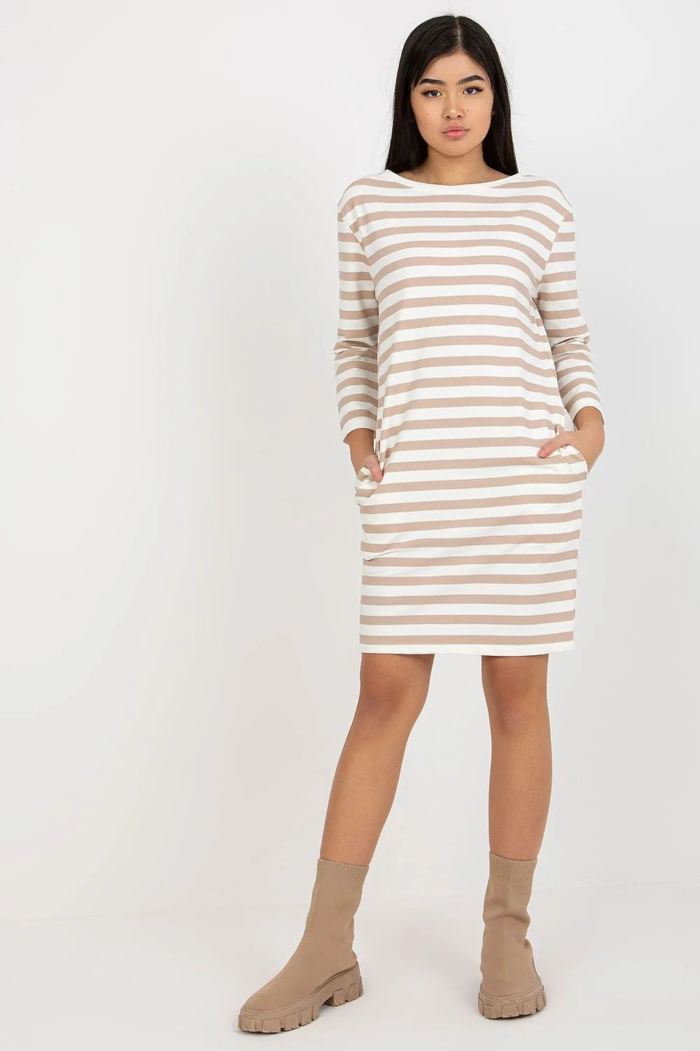 Robe de jour femme style décontracté rayures beige et blanc manches longues encolure ronde poches zippées coton 95 elasthanne 5