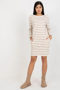 Robe de jour femme style décontracté rayures beige et blanc manches longues encolure ronde poches zippées coton 95 elasthanne 5