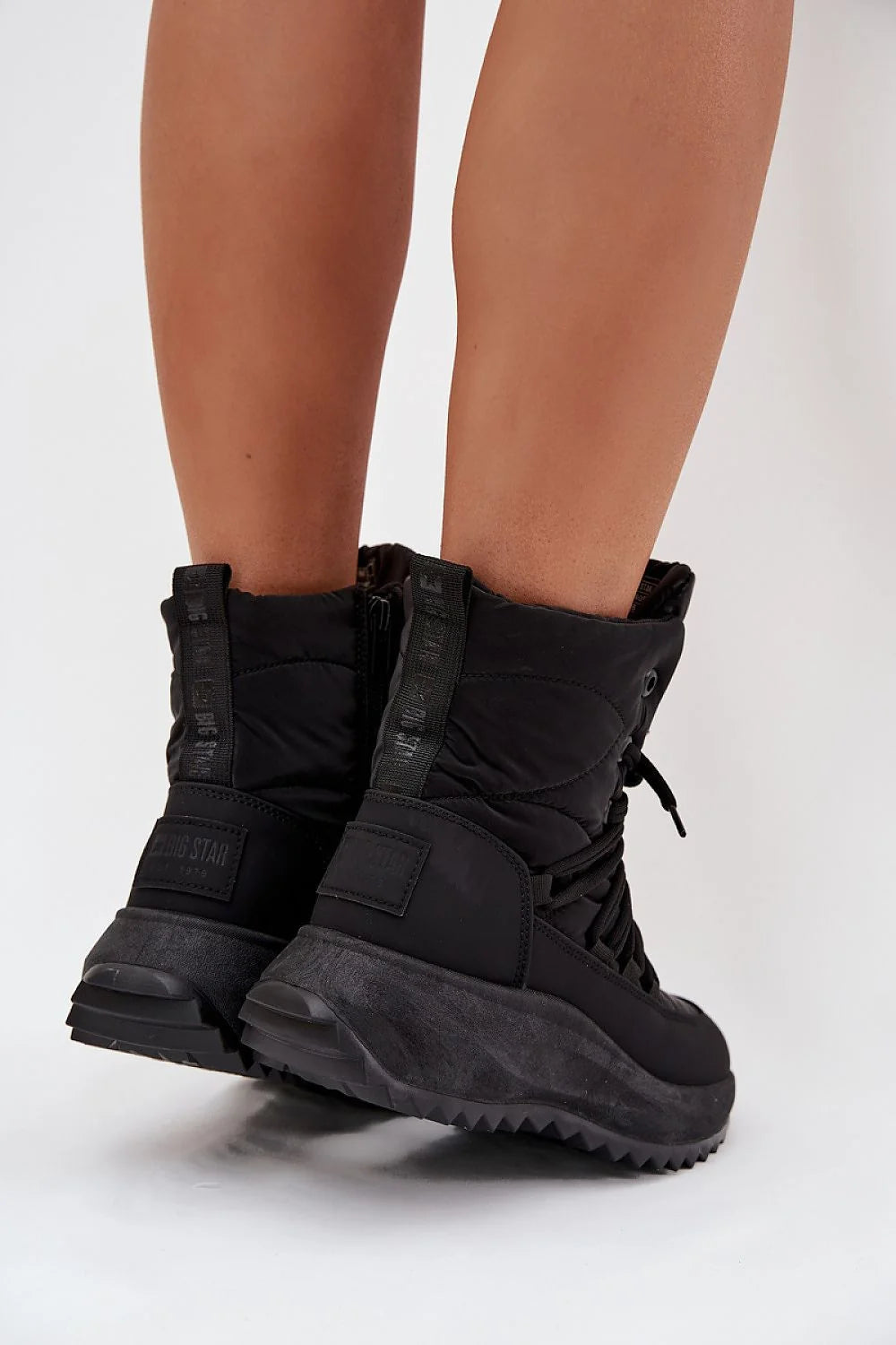 bottes BigStar chaudes montantes noires chunky semelle plateforme crantée rembourrées fourrure synthétique cuir écologique zippées lacets antidérapantes isolantes confortables urbaines