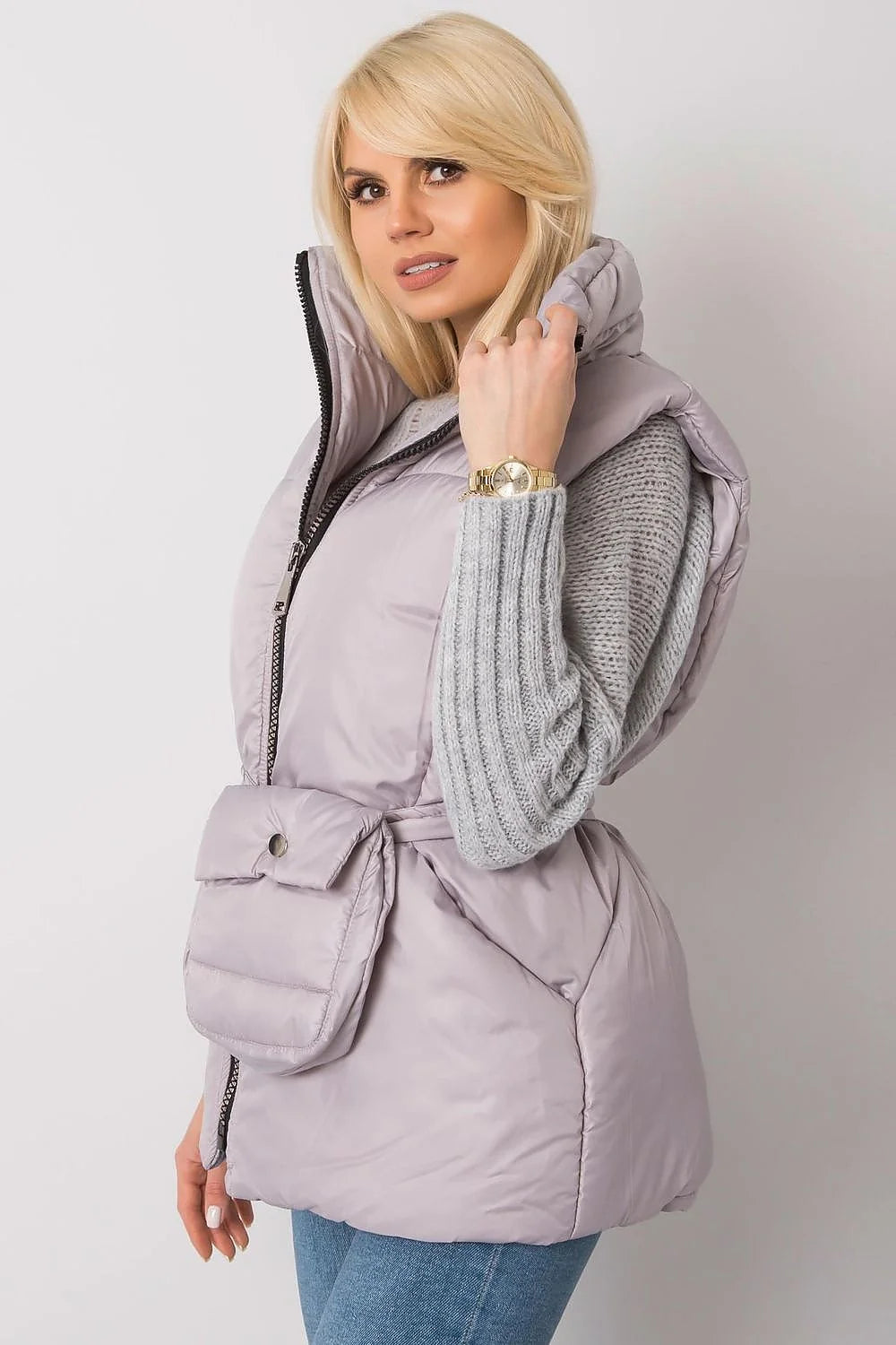 Gilet matelassé marron caramel polyester décontracté élégant fermeture éclair poches ceinture intégrée femme automne-hiver