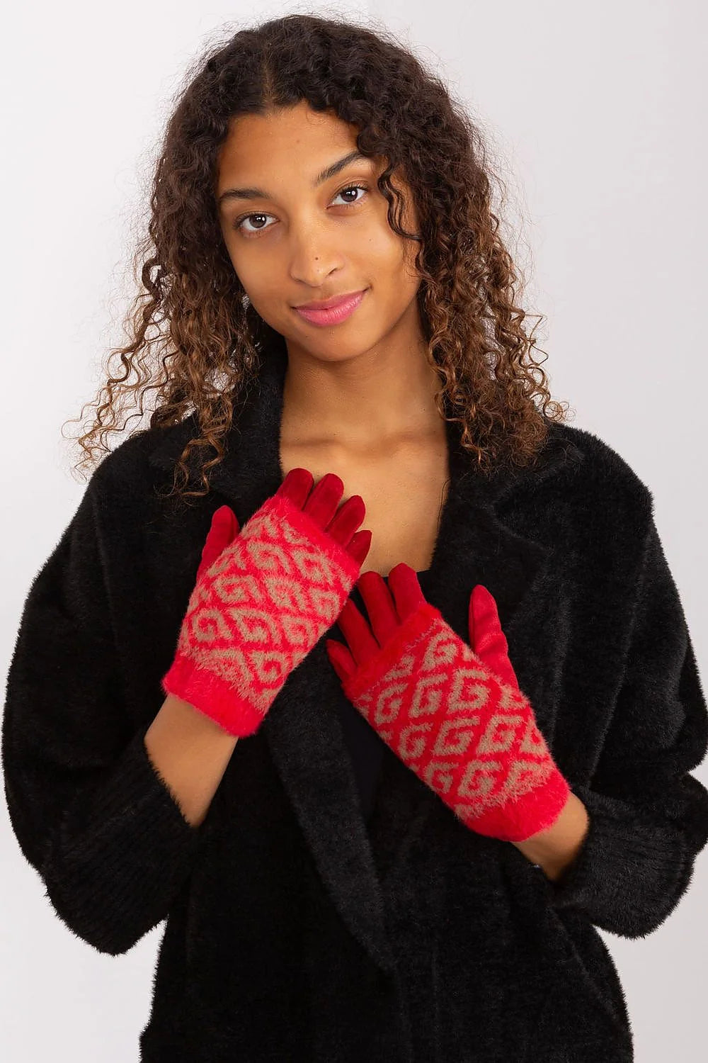 Gants en tricot pour femmes isolation supplémentaire fleur brodée couleurs rouge et beige manches ajustées