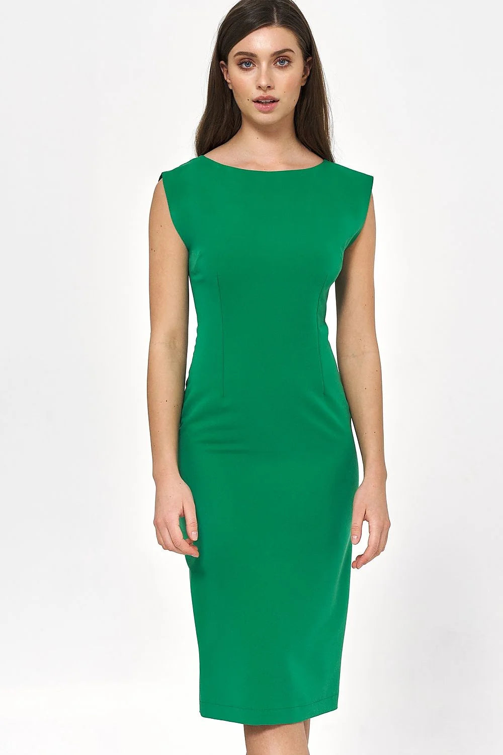 Robe élégante coupe fourreau vert vif sans manches épaules structurées tissu élastique genoux taille ajustable femme
