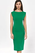 Robe élégante coupe fourreau vert vif sans manches épaules structurées tissu élastique genoux taille ajustable femme