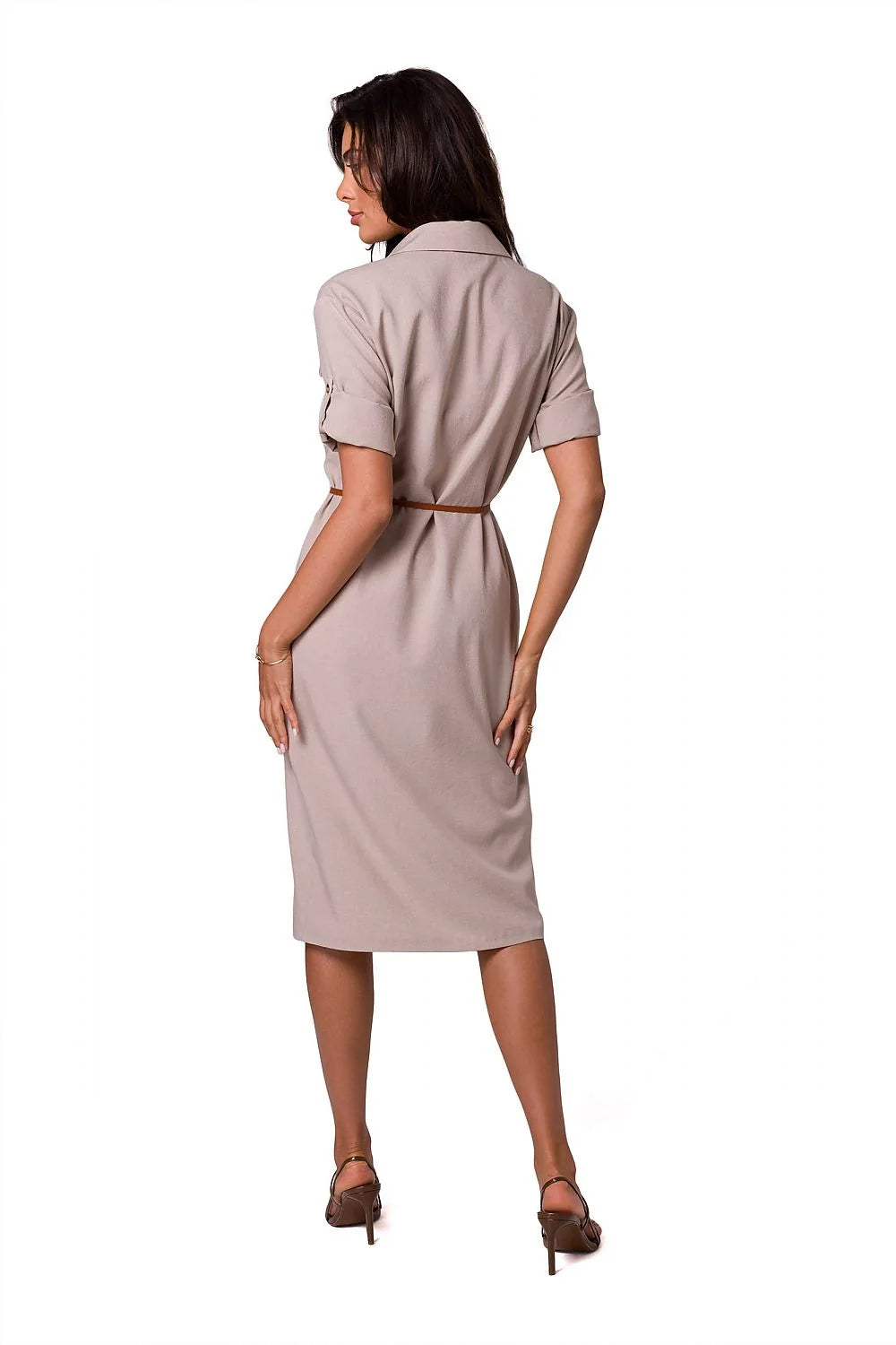 Robe saharienne pour femme rose pastel manches 3/4 col chemise ceinture incluse polyester 100% robe polyvalente été hiver