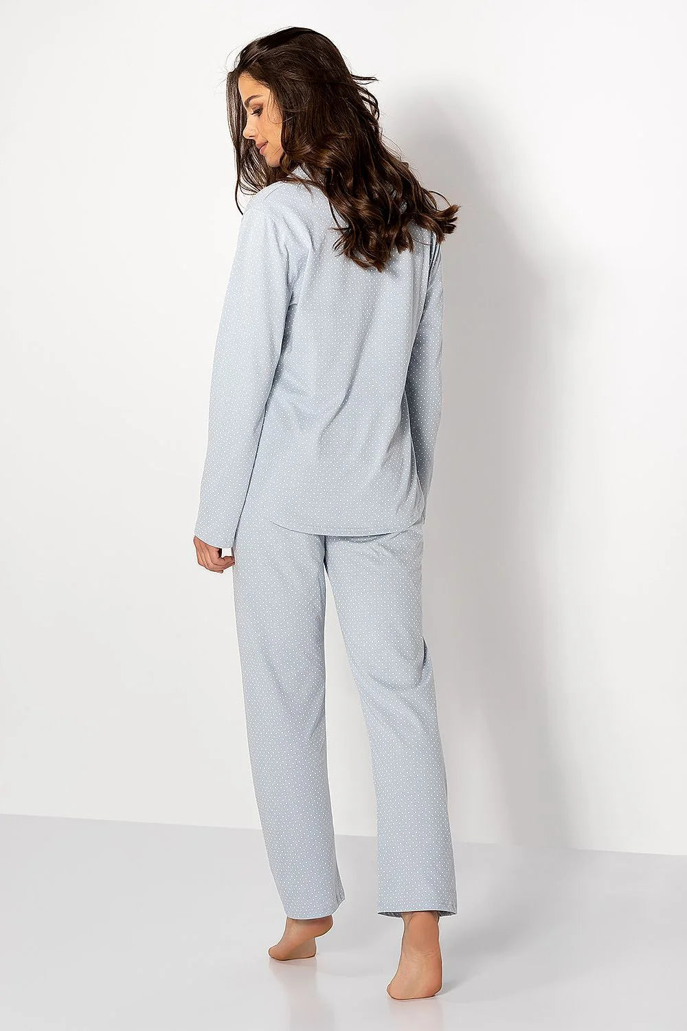 Pyjama pour femme classique en coton 100% chemise manches longues col à revers pantalon élastique motif pois bleu clair