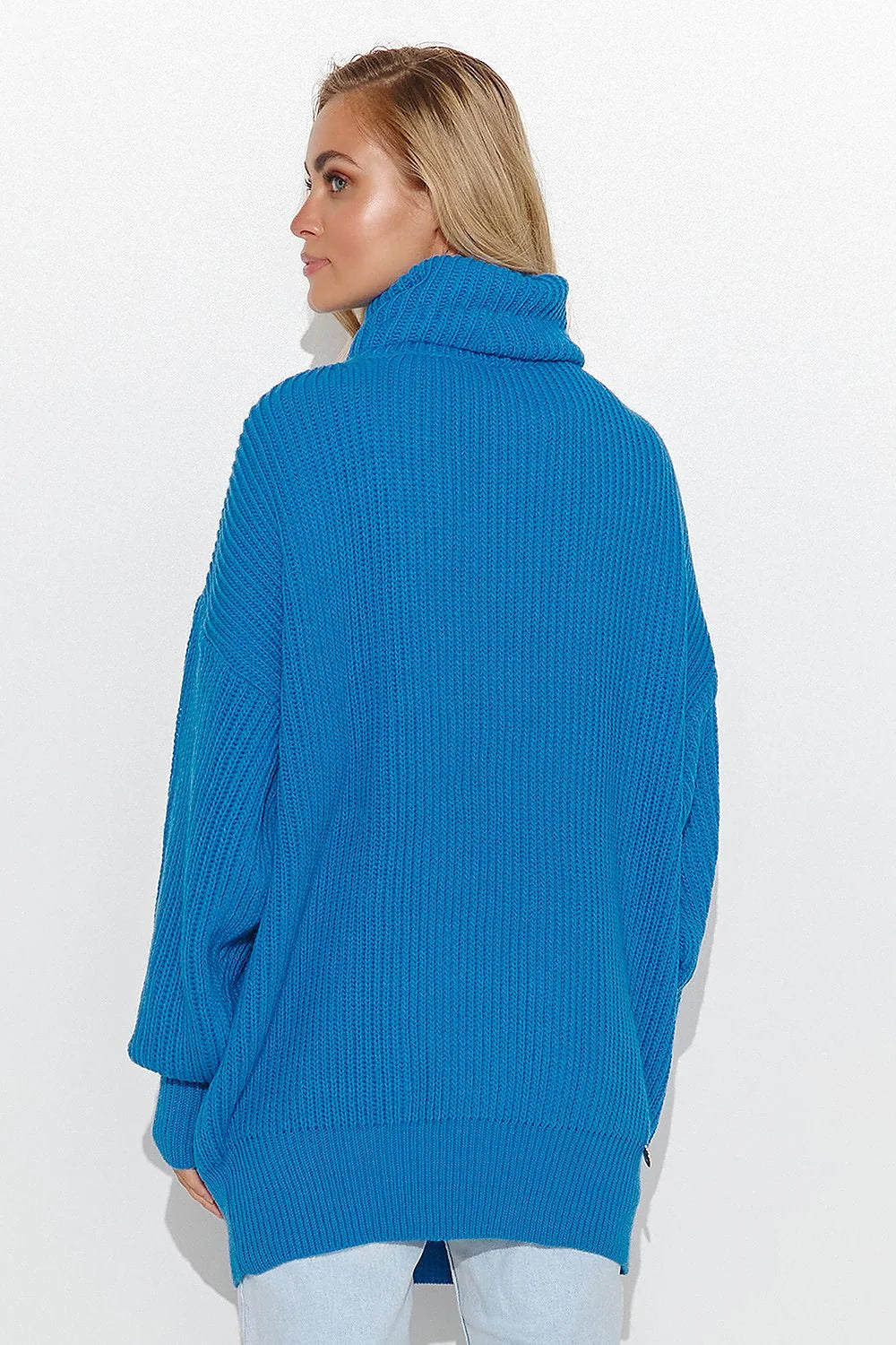 pull femme col roulé molletonné maille épaisse oversize coupe longue tunique manches longues tombantes bords côtelés bleu électrique