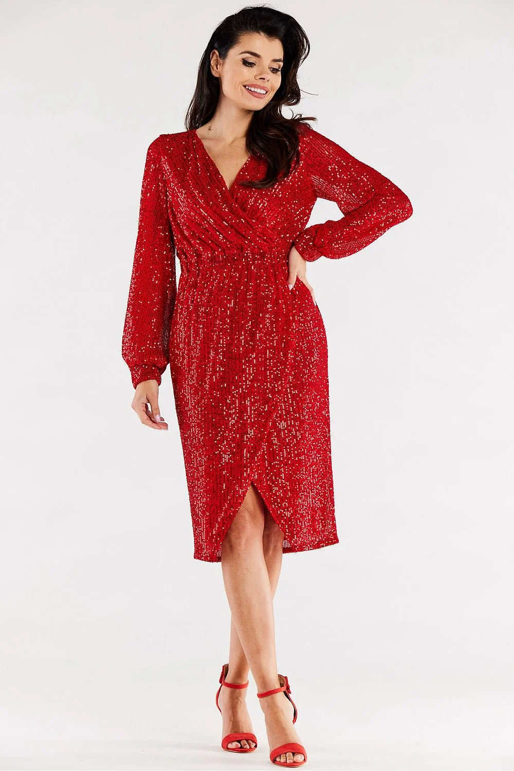 robe soirée longue manches longues décolleté V croisé sequins rouge portefeuille taille ajustable paillettes fente frontale bouffantes doublure élasthanne polyester