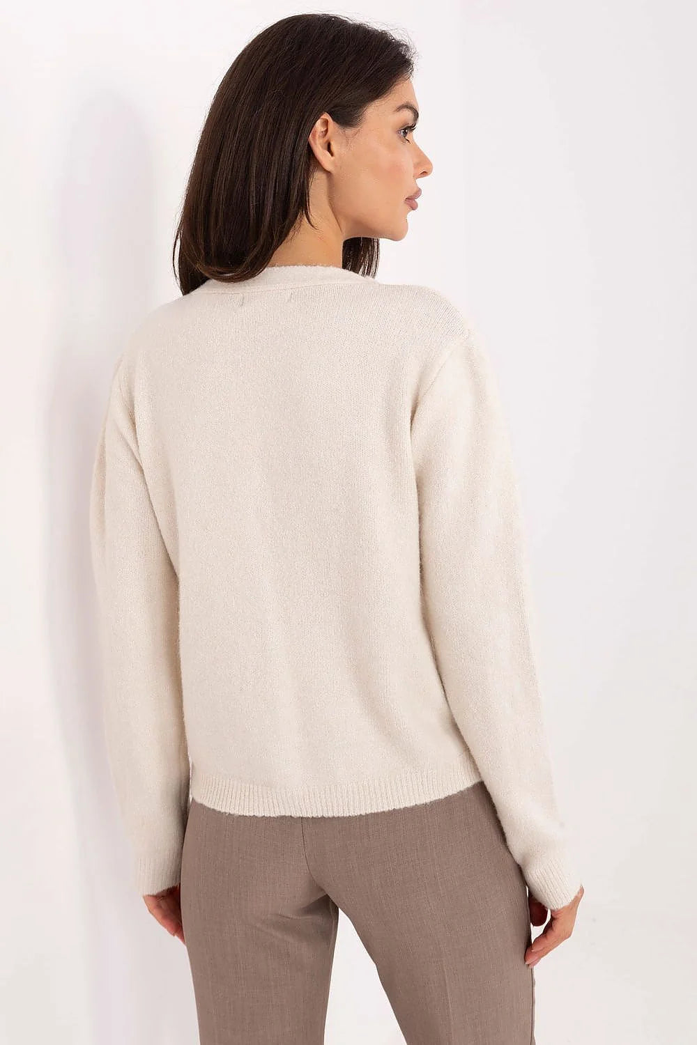 cardigan femme crème maille douce col V boutonnage bordures dentelle ourlet manches longues coupe droite hanche moelleuse confort